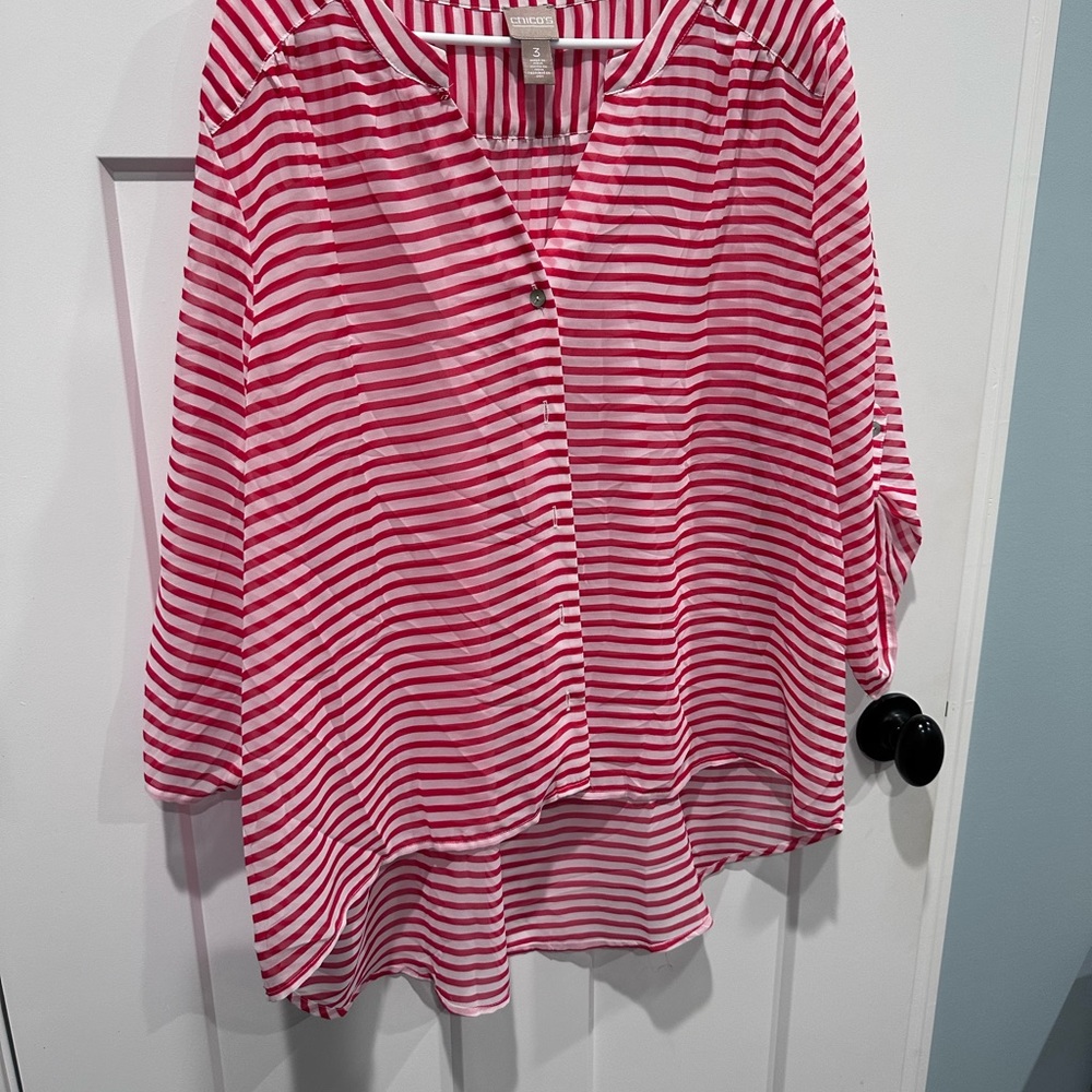 Chico’s women’s sheer red and white strip shirt.